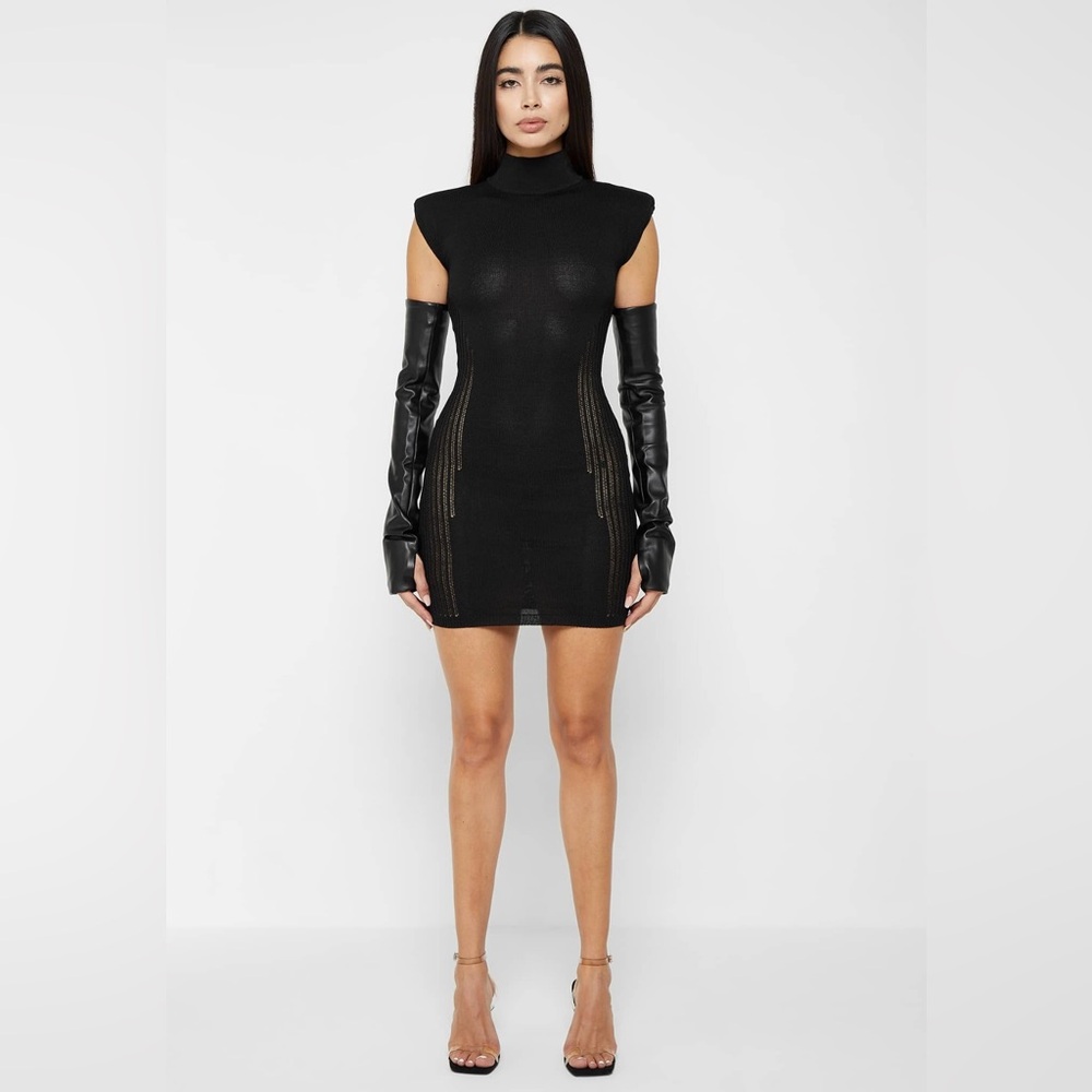 Knitted Contour Dress with Leather Sleeves